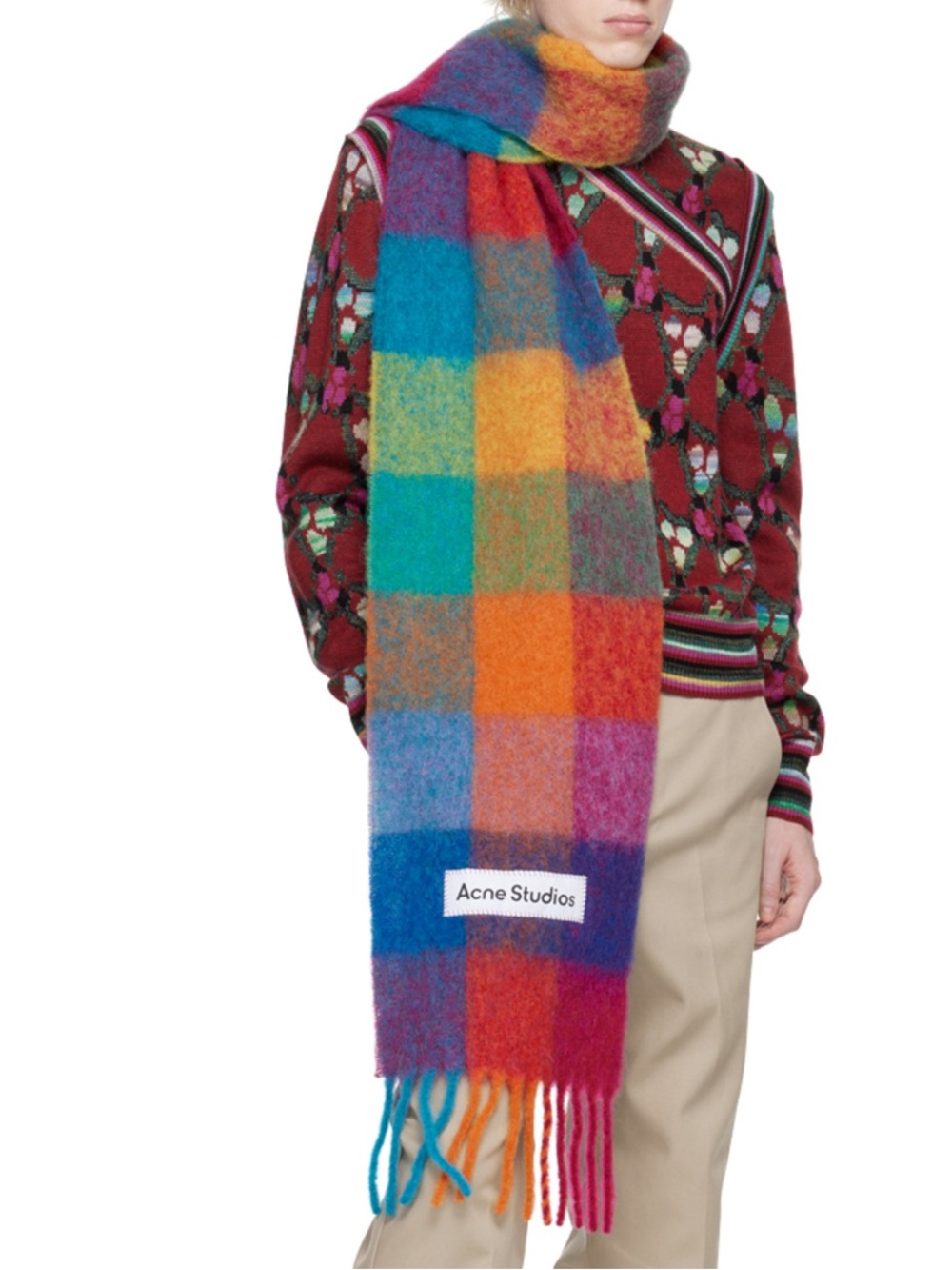 Acne Multicolor Check Mohair Scarf in Bright Rainbow Hues